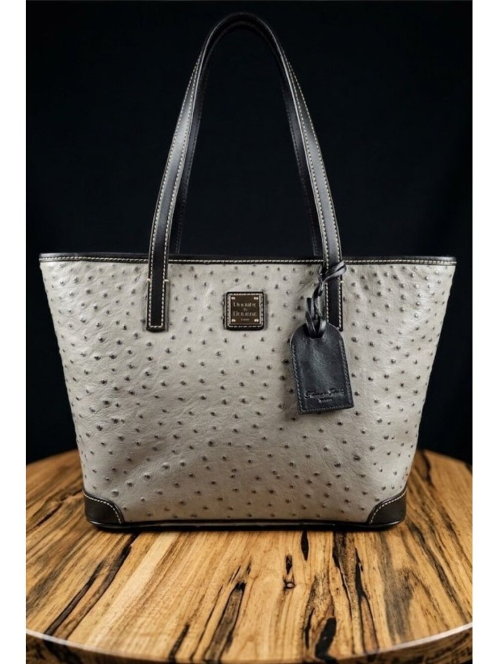 Dooney & Bourke Gray/Black Ostrich Embossed Leather Shoulder Bag Tote
